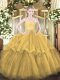 New Arrival Gold Sleeveless Tulle Brush Train Zipper 15th Birthday Dress for Military Ball and Sweet 16 and Quinceanera