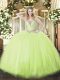 Flare Floor Length Lace Up 15 Quinceanera Dress Yellow Green for Military Ball and Sweet 16 and Quinceanera with Beading