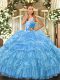 Baby Blue Organza Lace Up Straps Sleeveless Floor Length Vestidos de Quinceanera Beading and Ruffled Layers and Pick Ups