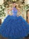On Sale Floor Length Lace Up 15th Birthday Dress Blue for Sweet 16 and Quinceanera with Beading and Embroidery and Ruffles