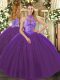 Beautiful Sleeveless Floor Length Beading and Appliques and Embroidery Lace Up Quinceanera Dresses with Purple