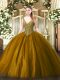 V-neck Sleeveless Lace Up Quince Ball Gowns Brown Tulle