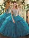 Teal Off The Shoulder Neckline Beading and Ruffles Quinceanera Dresses Sleeveless Lace Up