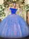 Glamorous Off The Shoulder Short Sleeves Zipper 15 Quinceanera Dress Blue And White Tulle
