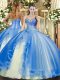 Cute Baby Blue Ball Gowns Sweetheart Sleeveless Tulle Floor Length Lace Up Beading and Ruffles Ball Gown Prom Dress