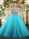 Delicate Sleeveless Tulle Floor Length Lace Up Quinceanera Dresses in Baby Blue with Beading
