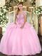 Stunning Baby Pink Sleeveless Floor Length Appliques Lace Up 15th Birthday Dress