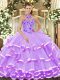 Dramatic Lavender Sleeveless Floor Length Beading and Embroidery and Ruffled Layers Lace Up Quinceanera Dresses