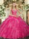Pretty Hot Pink Lace Up 15 Quinceanera Dress Beading and Ruffles Sleeveless Floor Length