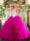 Smart Fuchsia Ball Gowns Sweetheart Sleeveless Tulle Floor Length Lace Up Beading and Ruffles Quinceanera Dress