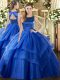 Super Blue Quinceanera Gown Military Ball and Sweet 16 and Quinceanera with Ruffled Layers Scoop Sleeveless Lace Up