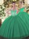 Elegant Sleeveless Tulle and Sequined Floor Length Lace Up Sweet 16 Quinceanera Dress in Turquoise with Beading