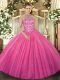Hot Pink Sleeveless Floor Length Beading and Embroidery Lace Up 15 Quinceanera Dress