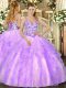Custom Made Organza Straps Sleeveless Lace Up Beading and Appliques and Ruffles Vestidos de Quinceanera in Lavender