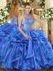 Charming Blue Ball Gowns Halter Top Sleeveless Organza Lace Up Beading and Embroidery and Ruffles Sweet 16 Dress