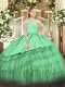 Organza and Taffeta Sweetheart Sleeveless Zipper Beading and Lace and Embroidery and Ruffled Layers Quince Ball Gowns in Green