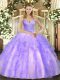 Glittering Floor Length Lace Up Sweet 16 Dress Lavender for Military Ball and Sweet 16 and Quinceanera with Beading and Ruffles