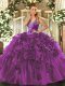 Eggplant Purple Ball Gowns Organza Straps Sleeveless Beading and Ruffles Floor Length Lace Up Quinceanera Dress