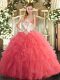 Sexy Watermelon Red Tulle Lace Up Quinceanera Dress Sleeveless Floor Length Beading and Ruffles