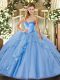 Admirable Sleeveless Floor Length Beading and Ruffles Lace Up Ball Gown Prom Dress with Blue