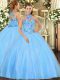Eye-catching Baby Blue Halter Top Lace Up Embroidery Quinceanera Gown Sleeveless