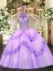 Latest Floor Length Lavender 15th Birthday Dress Halter Top Sleeveless Lace Up