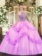Sumptuous Lilac Ball Gowns Tulle Halter Top Sleeveless Beading and Appliques Floor Length Lace Up Quinceanera Dress