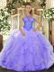 Lavender Quince Ball Gowns Military Ball and Sweet 16 and Quinceanera with Beading and Ruffles High-neck Sleeveless Lace Up