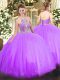 Great Tulle Halter Top Sleeveless Lace Up Beading Quince Ball Gowns in Lilac