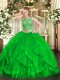 Green Two Pieces Scoop Sleeveless Organza Floor Length Lace Up Beading and Ruffles Vestidos de Quinceanera
