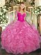 Pretty Rose Pink Ball Gowns Scoop Long Sleeves Organza Floor Length Lace Up Lace and Ruffles Sweet 16 Dresses