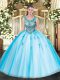 Fashion Floor Length Lace Up Ball Gown Prom Dress Baby Blue for Sweet 16 and Quinceanera with Beading and Appliques