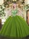 Scoop Sleeveless Sweet 16 Dress Floor Length Beading Olive Green Tulle and Sequined