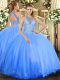 Blue Halter Top Neckline Beading Quinceanera Gowns Sleeveless Lace Up