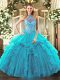 Affordable Organza Halter Top Sleeveless Lace Up Beading and Ruffles Sweet 16 Quinceanera Dress in Teal