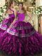 Fuchsia Halter Top Neckline Embroidery and Ruffles Quinceanera Dress Sleeveless Lace Up