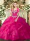 Hot Pink Ball Gowns Sweetheart Sleeveless Tulle Floor Length Lace Up Beading and Ruffles Quinceanera Gown