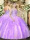 Cute Lavender Lace Up Quinceanera Dress Beading and Ruffles Sleeveless Floor Length