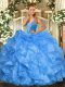 Baby Blue 15th Birthday Dress Military Ball and Sweet 16 and Quinceanera with Beading and Ruffles Straps Sleeveless Lace Up