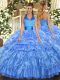 High Class Sleeveless Floor Length Ruffled Layers and Pick Ups Lace Up Quince Ball Gowns with Baby Blue