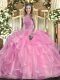 Glamorous Rose Pink Organza Lace Up High-neck Sleeveless Floor Length Sweet 16 Quinceanera Dress Beading and Ruffles