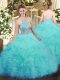Aqua Blue Ball Gowns Halter Top Sleeveless Tulle Floor Length Lace Up Ruffles Sweet 16 Dress
