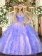 Hot Sale Lavender Ball Gowns Tulle V-neck Sleeveless Beading and Ruffles Floor Length Lace Up Vestidos de Quinceanera