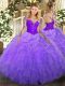 Modern Long Sleeves Floor Length Lace and Ruffles Lace Up Quinceanera Dresses with Lavender