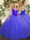 Stylish Scoop Long Sleeves Sweet 16 Quinceanera Dress Floor Length Lace Blue Tulle