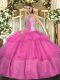On Sale Hot Pink Sleeveless Beading and Ruffled Layers Floor Length Sweet 16 Dresses