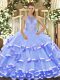 Nice Blue 15 Quinceanera Dress Military Ball and Sweet 16 and Quinceanera with Beading and Ruffled Layers Halter Top Sleeveless Lace Up