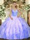 Superior Sleeveless Floor Length Beading and Ruffles Lace Up Quince Ball Gowns with Lavender