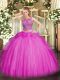 Sleeveless Tulle Floor Length Lace Up Quinceanera Dresses in Fuchsia with Beading and Ruffles