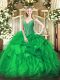 Best Selling Green Sleeveless Floor Length Beading and Ruffles Lace Up Quince Ball Gowns